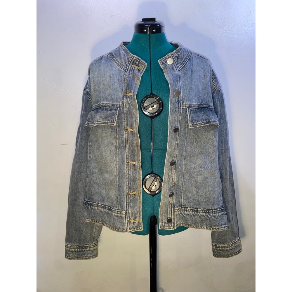 Zyia Denim Jacket Wmn XL Medium Wash Collarless Snap Front Cotton Grunge Trucker